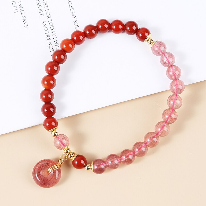 JD Natural Stone Red Agate Strawberry Quartz Bead Bracelets Women Peace Buckle Charm Rope Strand Bangles Girls Wristband Jewelry