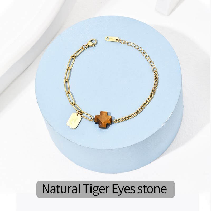 Change Better Natural Faceted Yellow Tiger Eye Cross Stone Metal Pendant Bracelet Women Gold Color Stainless Steel Chain Bangles