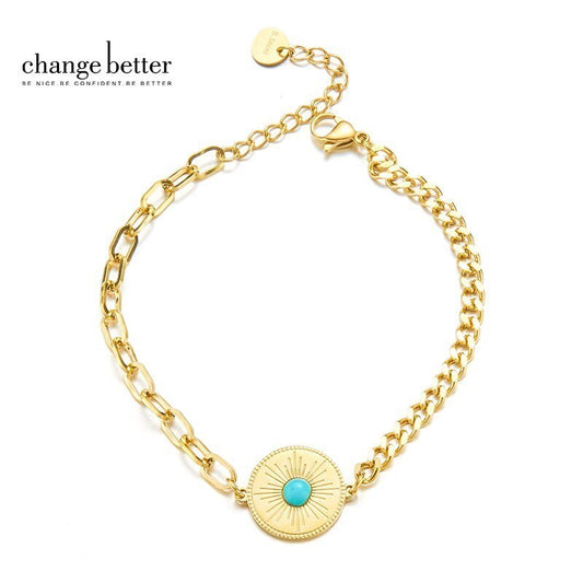 CHANGE BETTER Natural Blue Turquoise Inlay Stainless Steel Bracelets Women Fashion Gold Color Chain Thin Wristband Jewelry Gifts