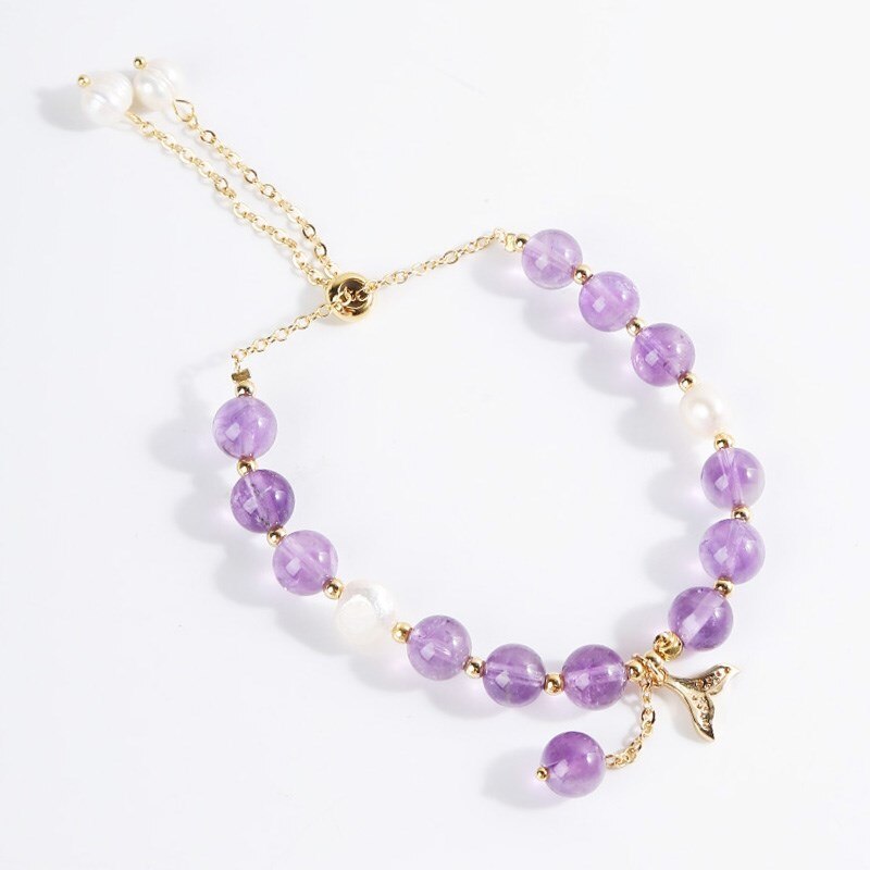 JD 8mm Natural Amethysts Bead Bracelet Women Elegant Mermaid Tail Charms Adjustable Rope Bangles Female Fashion Crystal Jewelry