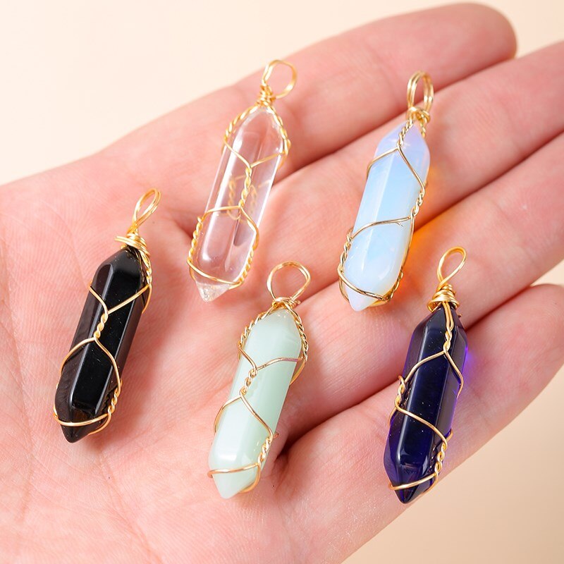 Change Better 5Pcs/lot Mixed Color Glass Hexagonal Wire Wrap Pendant Reiki Healing Charms For Jewelry Making Necklace Earring