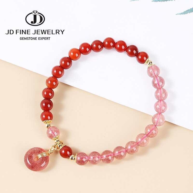 JD Natural Stone Red Agate Strawberry Quartz Bead Bracelets Women Peace Buckle Charm Rope Strand Bangles Girls Wristband Jewelry