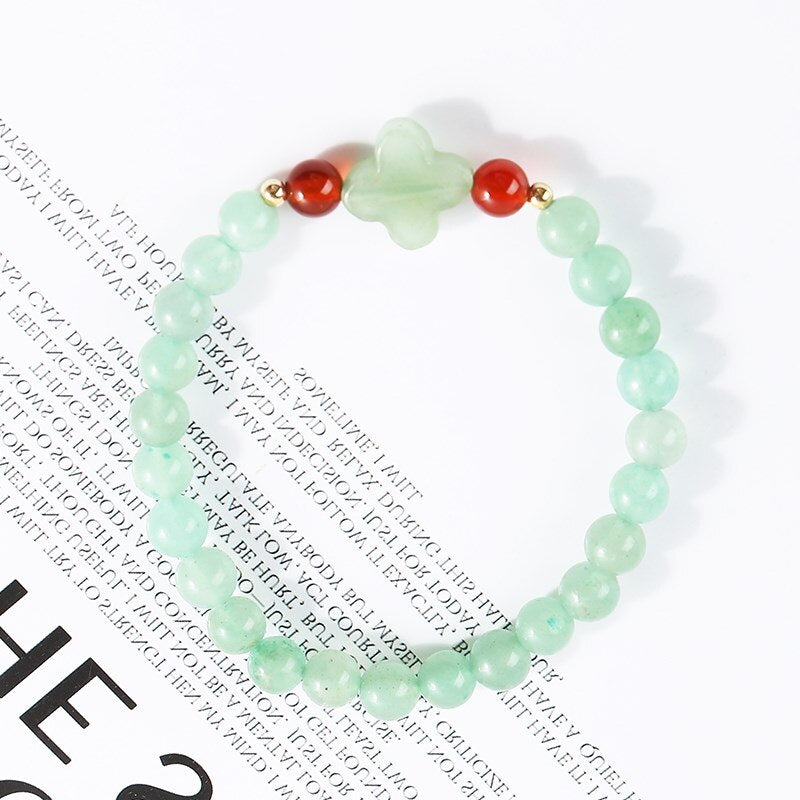 JD 6mm Natural Stone Green Aventurine Four-Leaf Clover Strand Bracelets Women Lucky Charm Stretch Bangles Wristband Yoga Jewelry