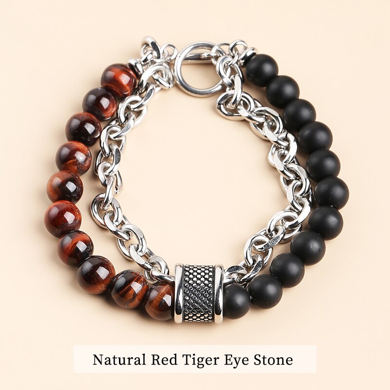 CHANGE BETTER Natural Tiger Eye Men's Beaded Bracelets Classic Stainless Steel Alloy Chain Health Energy Weight Loose Bangles