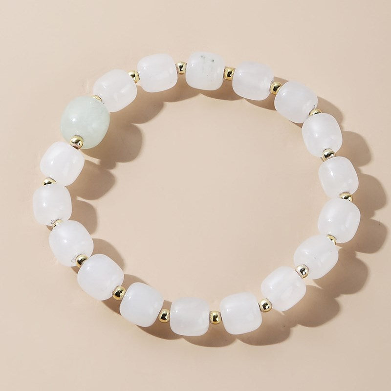 JD Natural White Jade Barrel Shape Beads Bracelet Women Fashion Golden Separator Handmade Elastic Reiki Stone Wrist Bangles