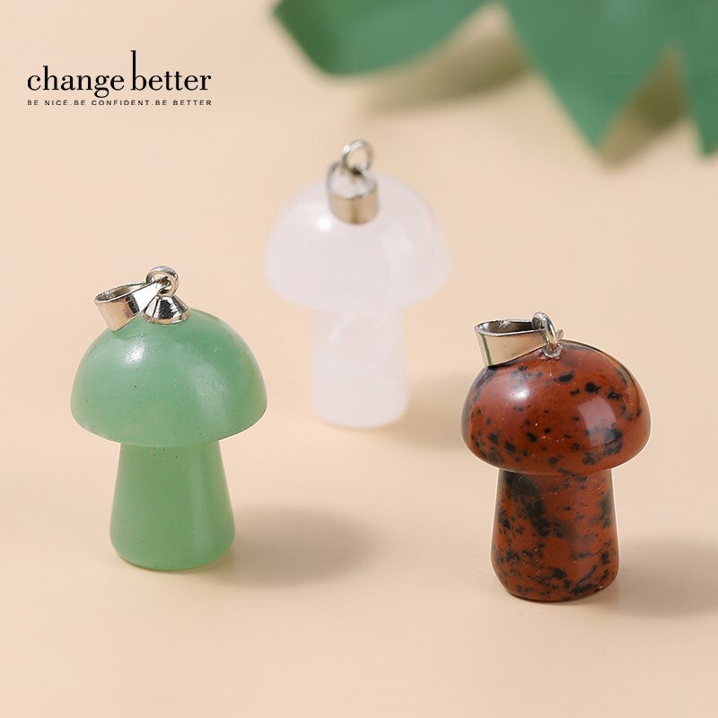 Change Better 3 Pcs Natural Stone Mushroom Shape Pendant Pink Quartz Green Aventurine for Jewelry Making Necklace Accessory