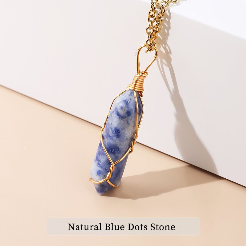 JD 13 Colors Hexagonal Cylindrical Crystal Necklace Natural Stone Pendant Wire Wrap Stone Necklace for Women Men Fashion Jewelry