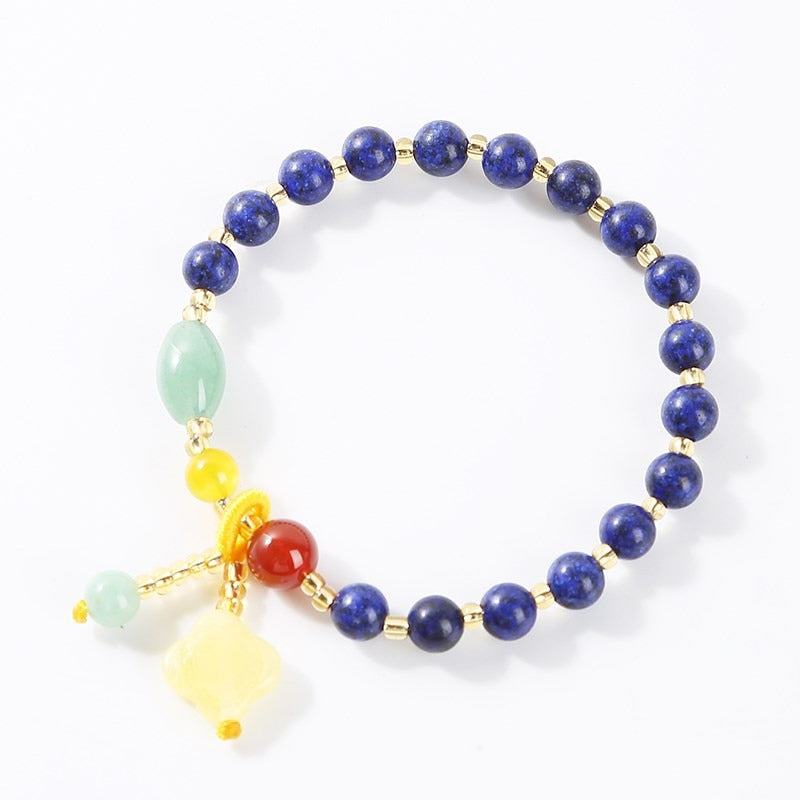 JD Natural Lapis Lazuli Amber Beaded Bracelet For Women Trendy Four-Leaf Clover Pendant Stone Tassel Bangles Girl Summer Jewelry