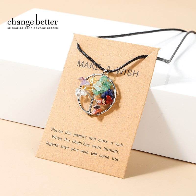 Change Better 30mm Natural Stone Chip Beads Wrap Treen Of Life Pendant Necklace Colorful Crystal Gravel Handmade Wisdom Jewelry