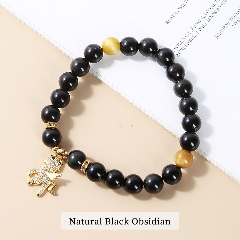 JD Natural Stone Strawberry Crystal Unicorn Pendant Bracelets Women Lovely Black Obsidian Elastic Wristband Jewelry Girls Gifts