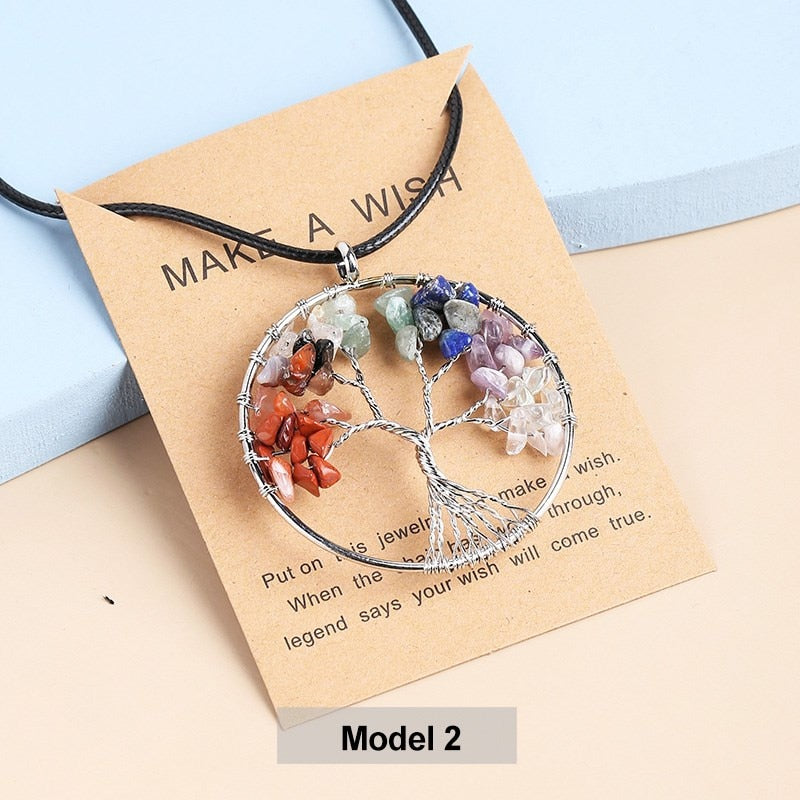 JD Natural Quartz Stone Tree of Life Pendulum Pendant Necklace Women Multicolor Seven Chakras Rope Crystal Reiki Healing Jewelry