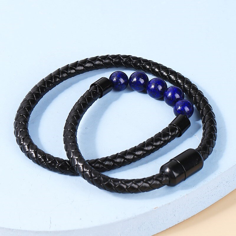 Change Better Layered Leather Bracelets For Men Braided Black Leather Bangles With Natural Lapis Lazuli Beads Casual Wristband