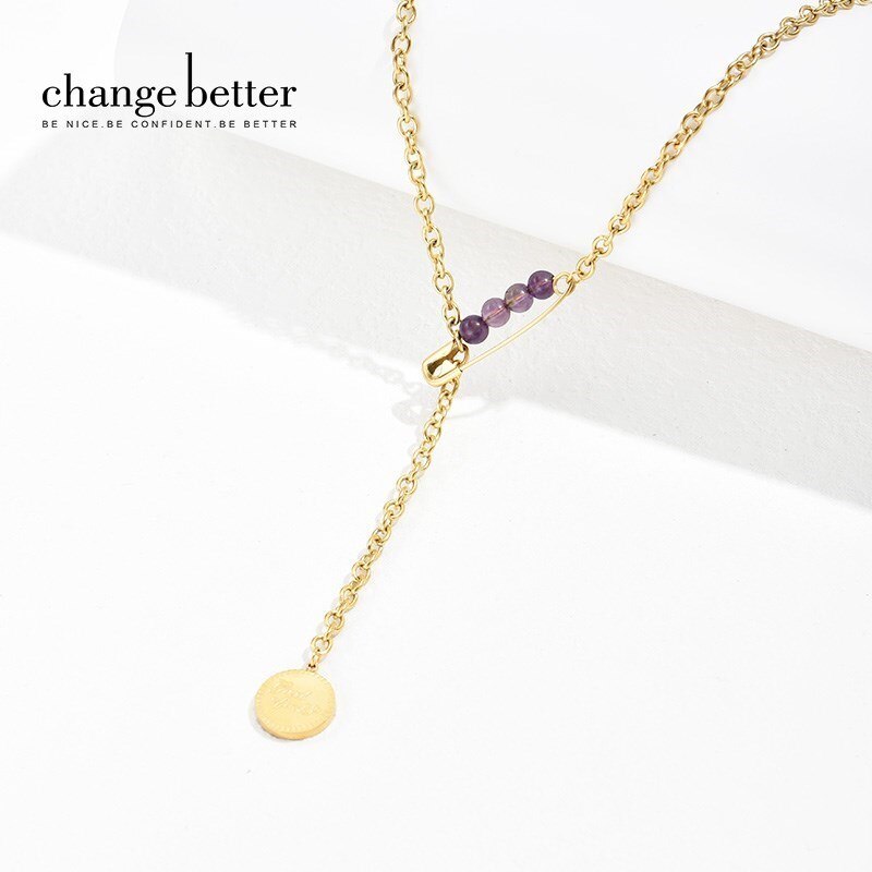 CHANGE BETTER Paper Clip Pin Small Agate Amethyst Bead Pendant Necklace Women Simple Charms Clavicle Chain Choker Jewelry Gift