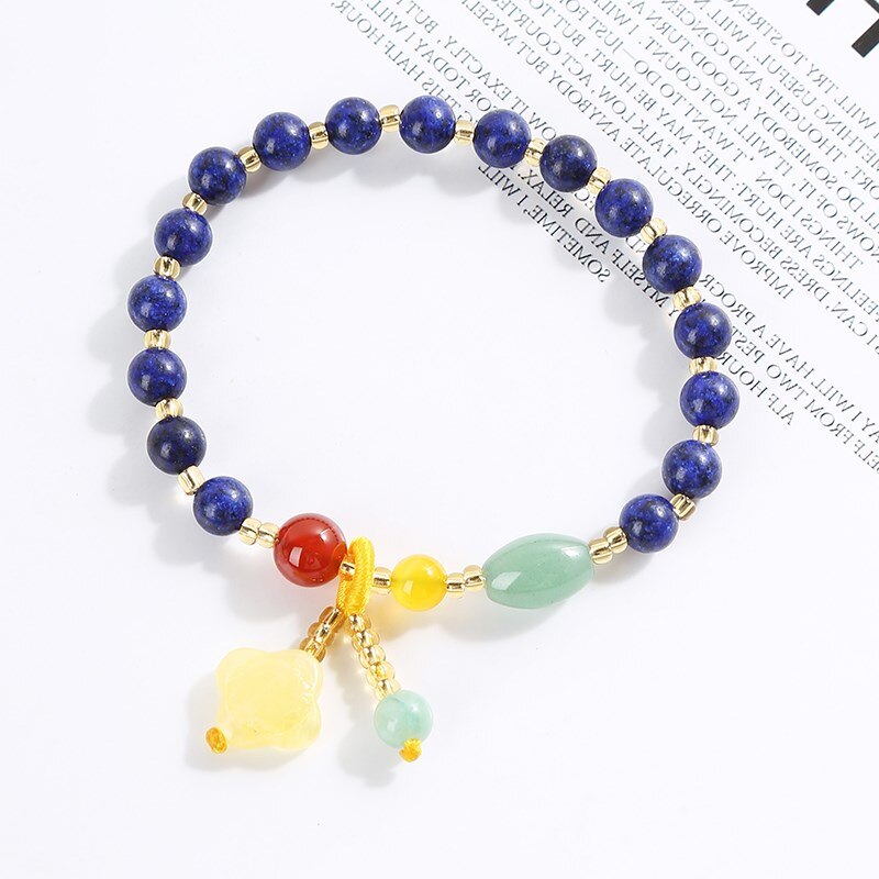 JD Natural Lapis Lazuli Amber Beaded Bracelet For Women Trendy Four-Leaf Clover Pendant Stone Tassel Bangles Girl Summer Jewelry