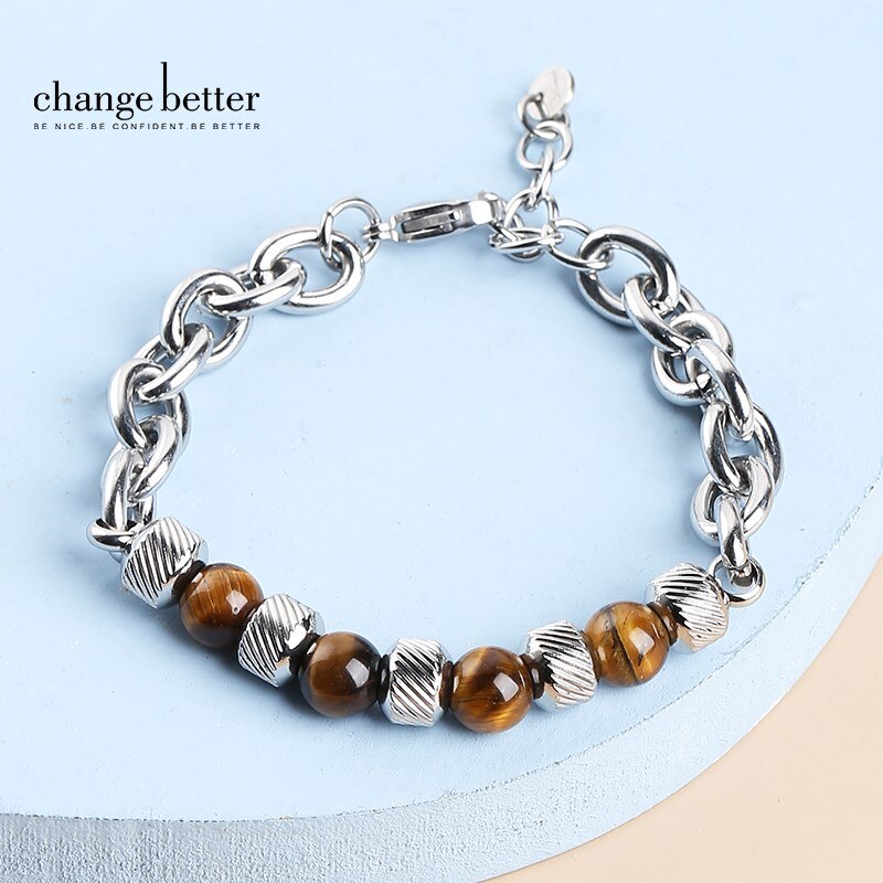 CHANGE BETTER Natural Tiger Eye Lava stone Bead Chain Bracelet Men Stainless Steel Cuban Chain Adjustable Bangles Jewelry Gifts