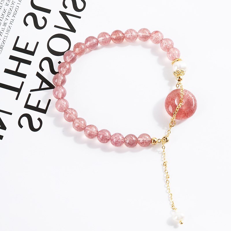 JD Natural Strawberry Quartz Beaded Bracelet Women Sweet Peace Buckle Pearl Charm Handmade Bangles Female Cute Wristband Jewelry