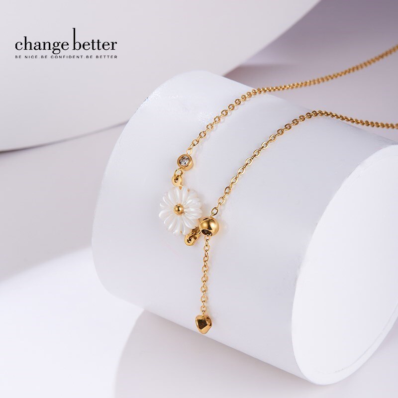 Change Better Stainless Steel Jewelry For Women Natural White Shell Carved Daisy Flower Pendant Necklace Gold Color Chain Choker