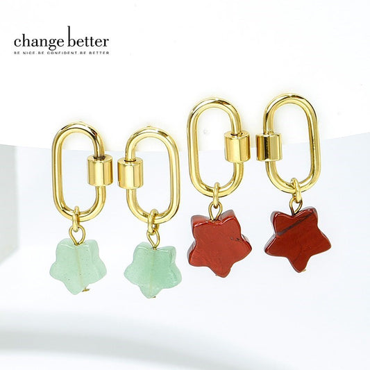 Change Better Natural Stone Aventurine Red Jasper Star Shape Drop Earrings Women Trendy Gold Color Stainless Steel Hoop Ear Stud