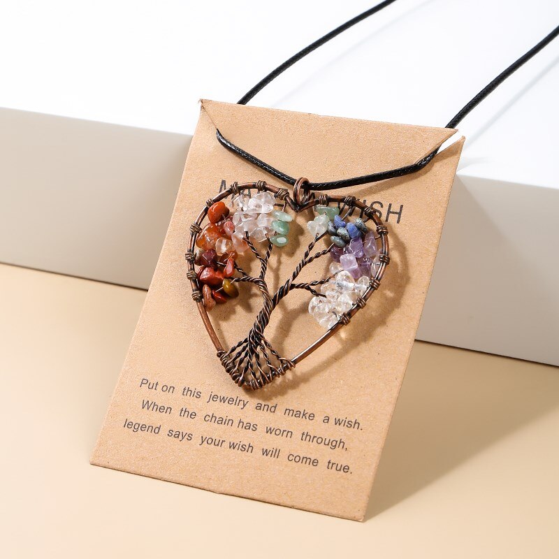 Change Better 7 Chakras Crystal Chip Beads Wrap Wisdom Tree Of Life Necklace Women Men Antique Copper Plated Heart Pendant Gifts