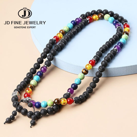 JD New Fashion Bohemian Lava Stone 7 Chakra Multi-Layer Bracelet Spiritual Men Rosary Prayer Tiger Eyes Beaded Yoga Bangles Gift