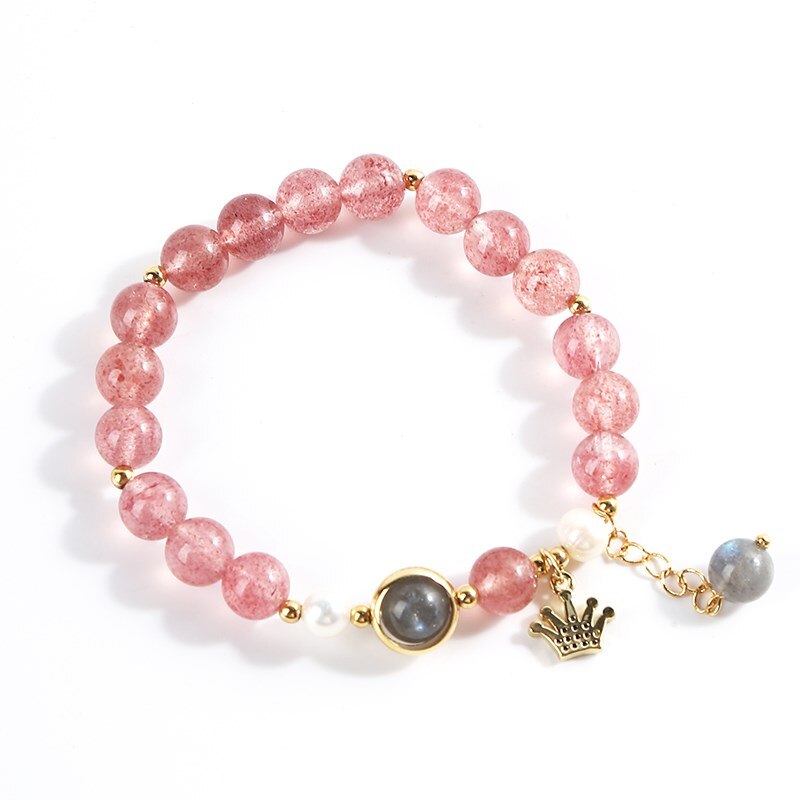 JD Natural Strawberry Quartz Moonstone Crystal Beaded Bracelets Women Lucky Healing Crown Charms Elastic Bangles Wristband Gift