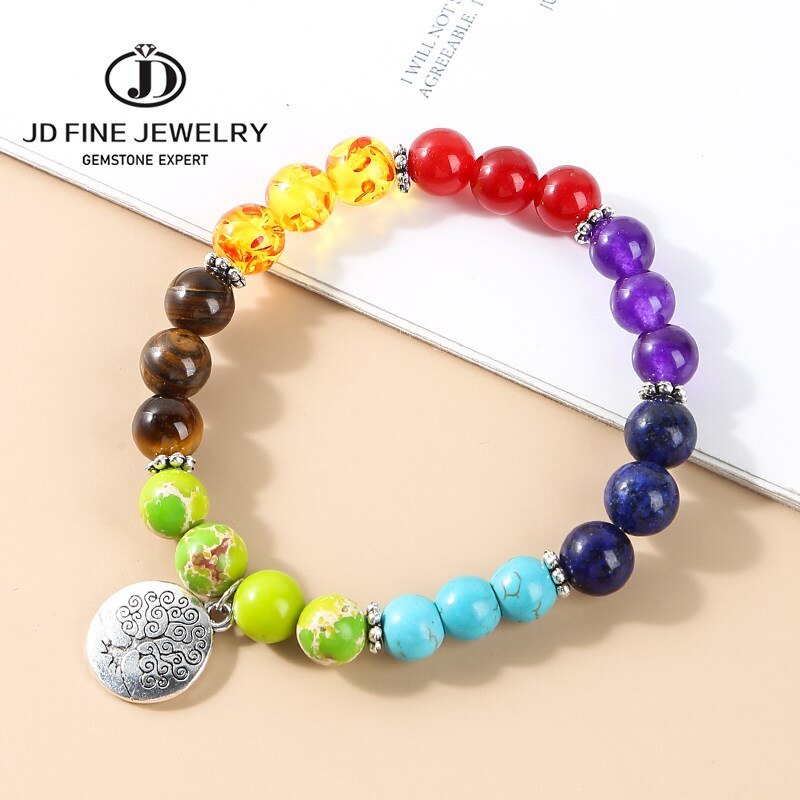 JD Natural Stone Bead Seven Chakra Bracelets Men Women Life of Tree Charms Yoga Energy Meditation Elastic Bangles Jewelry Gift