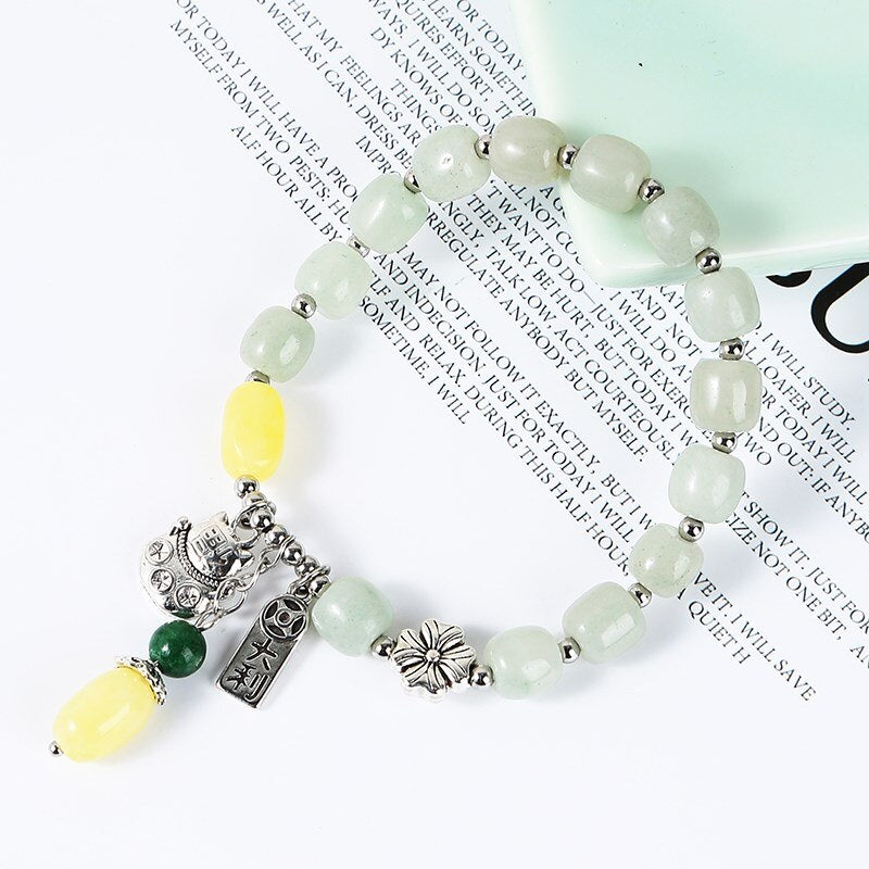 JD Sweet Lucky Cat Crystal Charm Flower Bracelets Women Trendy Natural Green Aventurine Beads Bangels Female Summer Jewelry Gift