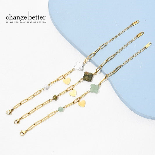 CHANGE BETTER Natural Stone Lucky Four-Leaf Clover Chain Bracelet Women Green Aventurine Turquoises Gems Titanium steel Bangles