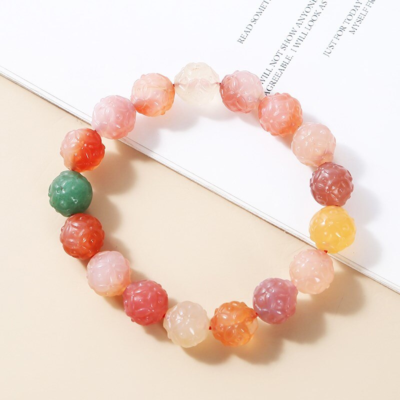 JD Natural Stone Yanyuan Agate Lotus Carved Beads Bracelet Women Lucky Four-Leaf Clover Crystal Healing Bangles Girls Jewelry