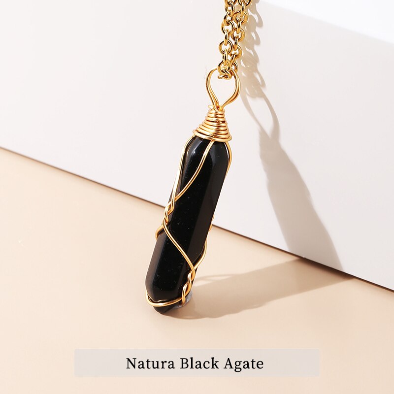 JD 13 Colors Hexagonal Cylindrical Crystal Necklace Natural Stone Pendant Wire Wrap Stone Necklace for Women Men Fashion Jewelry