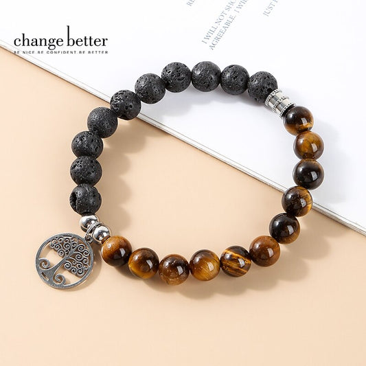 Change Better Natural Stone Beads Tree of Life Pendant Bracelets Men Women Charm Lava Stone Yoga Energy Wristband Jewelry Gift