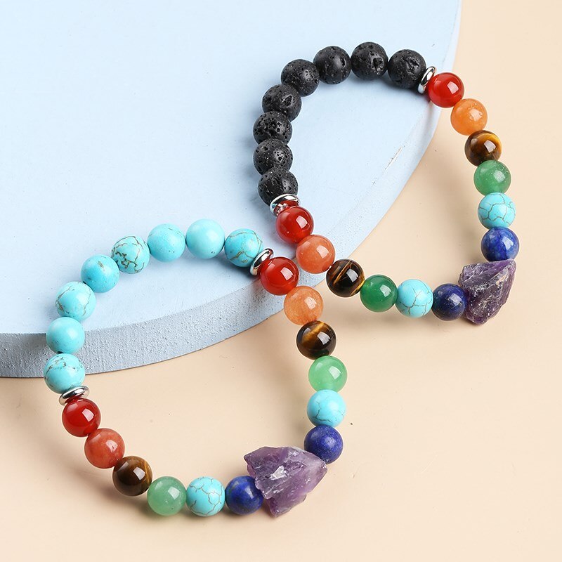 JD Amethyst Rough 7 Chakra Natural Beads Stone Reiki Healing Bracelet Man Women Lava Turquoise Combined Bangles Yoga Jewelry
