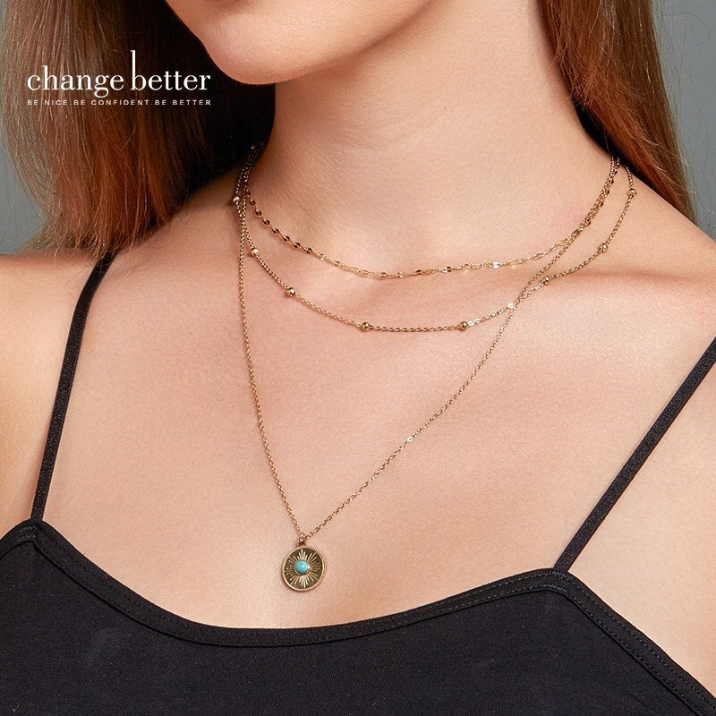 CHANGE BETTER Natural Blue Turquoise Round Pendant Necklace Women Double Layer Gold Color Stainless Steel Chain Choker For Girls