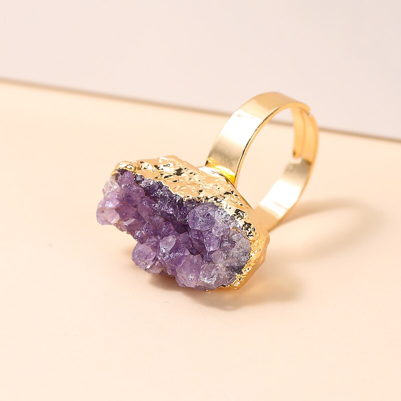 Change Better Irregular Natural Amethyst Cluster Rough Stone Gold Plating Open Rings Women Reiki Healing Adjustable Party Gifts