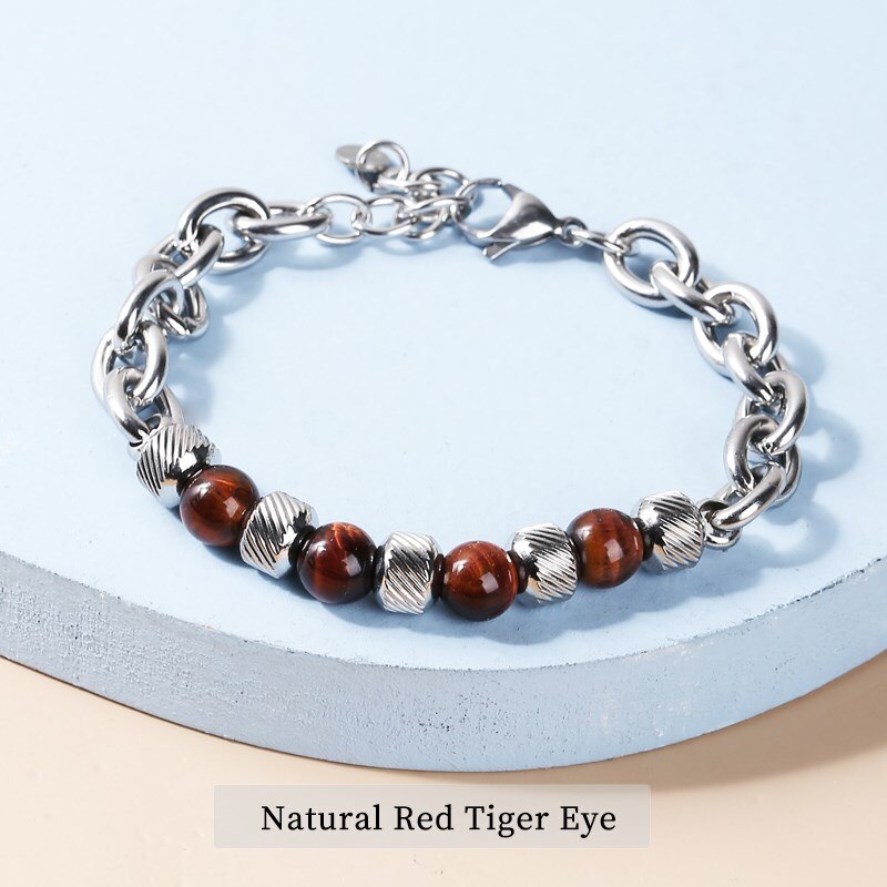 CHANGE BETTER Natural Tiger Eye Lava stone Bead Chain Bracelet Men Stainless Steel Cuban Chain Adjustable Bangles Jewelry Gifts