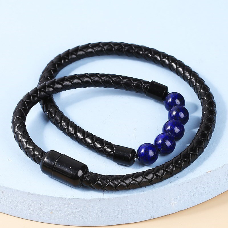 Change Better Layered Leather Bracelets For Men Braided Black Leather Bangles With Natural Lapis Lazuli Beads Casual Wristband
