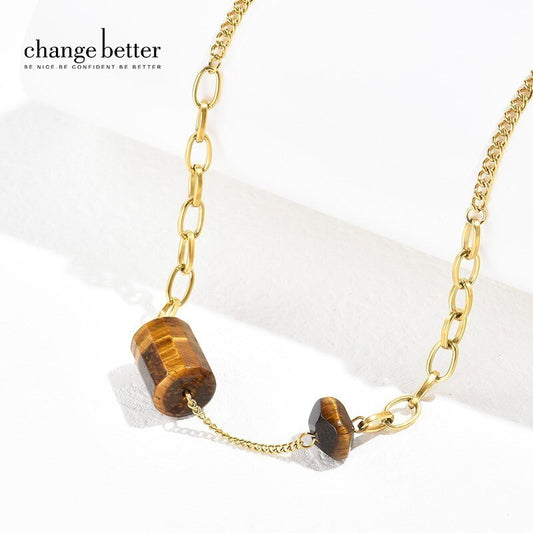 CHANGE BETTER Gold Color Stainless Steel Necklace Women Trendy Natural Stone Tiger Eye Amethyst Charm Chain Choker Jewelry Gifts