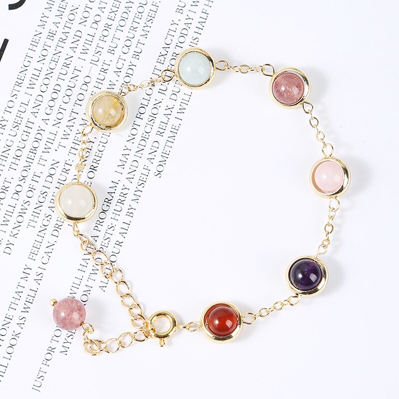 JD Natural Crystal Bead Chain Bracelets Women Elegant 6mm Round Colorful Bead Strawberry Quartz Amethyst Sweet Healing Bangles