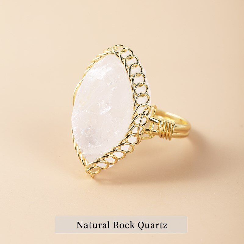 JD Natural Crystal Stone Rough Pink Quartz Braided Copper Wire Ring Women Bohe Irregular Amethysts Gold Color Adjusable Rings