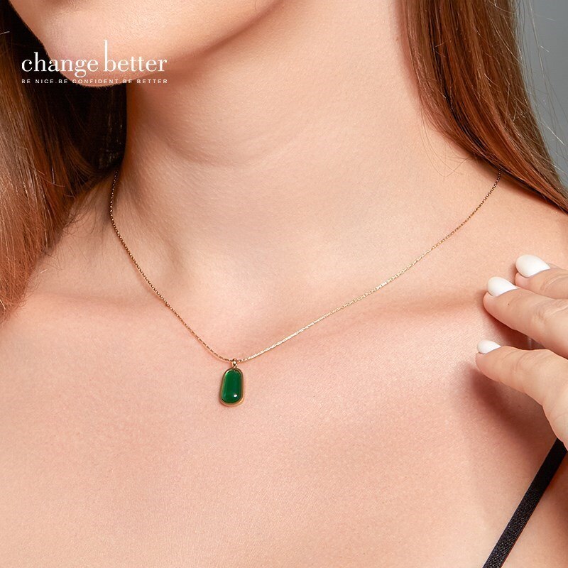 CHANGE BETTER Natural Green Agate Drop Shape Pendant Necklace Women  Stainless Steel Gold Color Clavicle Chain Choker Jewelry