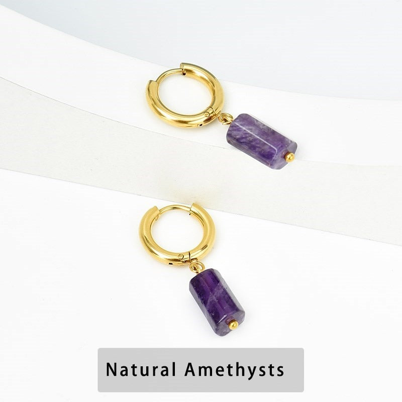 Change Better Natural Aquamarine Cylinder Shape Drop Earrings Women Amethyst Stainless Steel Round Buckle Ear Studs Female Gifts