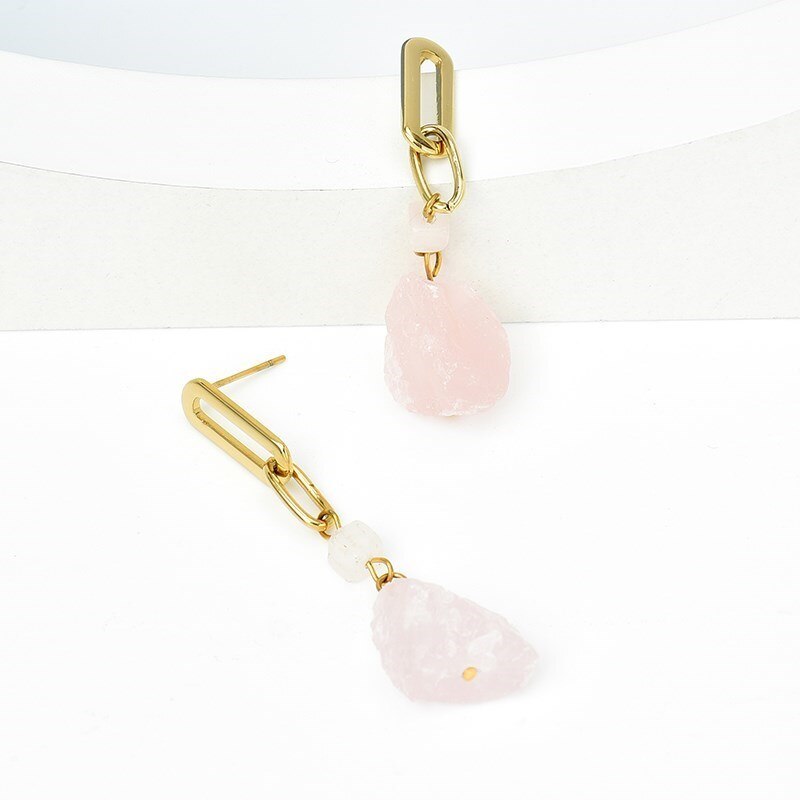 Change Better Natural Rose Quartz Rough Stone Dangle Earring Women Bohe Stainless Steel Raw Crystal Hoop Ear Stud Jewelry Gift