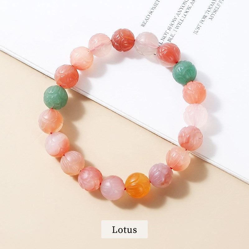 JD Natural Stone Yanyuan Agate Lotus Carved Beads Bracelet Women Lucky Four-Leaf Clover Crystal Healing Bangles Girls Jewelry