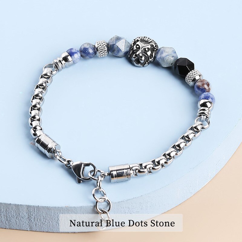 CHANGE BETTER Lion Head Charm Stainless Steel Bracelets Faceted Natural Tiger Eyes Stone Men Punk Style Wristband Pulseira