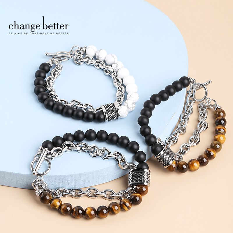 CHANGE BETTER Natural Tiger Eye Men's Beaded Bracelets Classic Stainless Steel Alloy Chain Health Energy Weight Loose Bangles