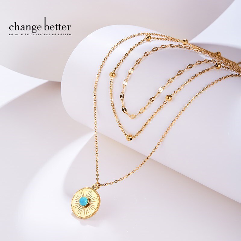 CHANGE BETTER Natural Blue Turquoise Round Pendant Necklace Women Double Layer Gold Color Stainless Steel Chain Choker For Girls