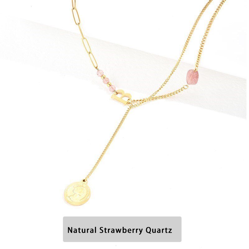 Change Better Natural Strawberry Crystal Gold Color Stainless Steel Pendant Necklace Women Double Layer Reiki Healing Choker