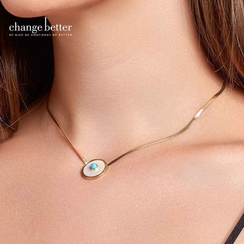 CHANGE BETTER Natural White Shell Turquoise Inlay Round Pendant Necklace Women Gold Plated Chain Choker Female Elegant Jewelry