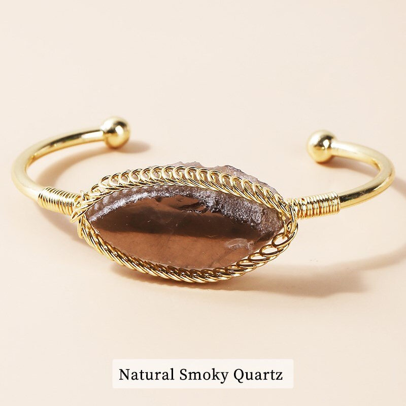 JD Natural Stone Bangles Cuff Copper Bracelets Women Gold Color Wire Wrap Crystal Quartz Amethyst Handmade Braid Fashion Jewelry