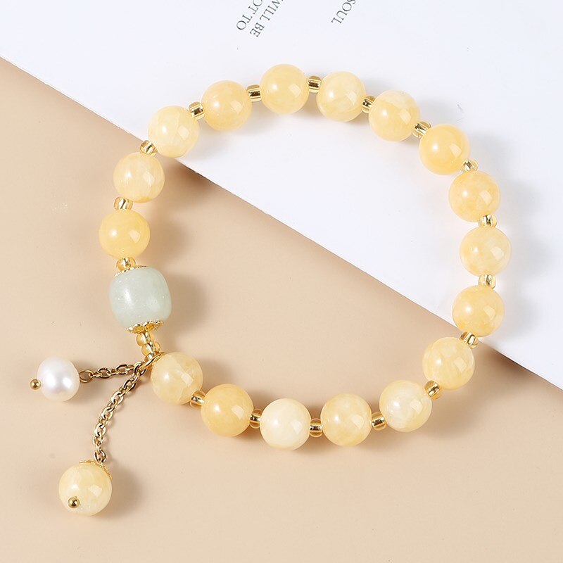 JD Elegant Natural Light Yellow Jade Pearl Pendant Bracelet For Women Korean Fashion Handmade Elastic Rope Charms Wrist Bangles